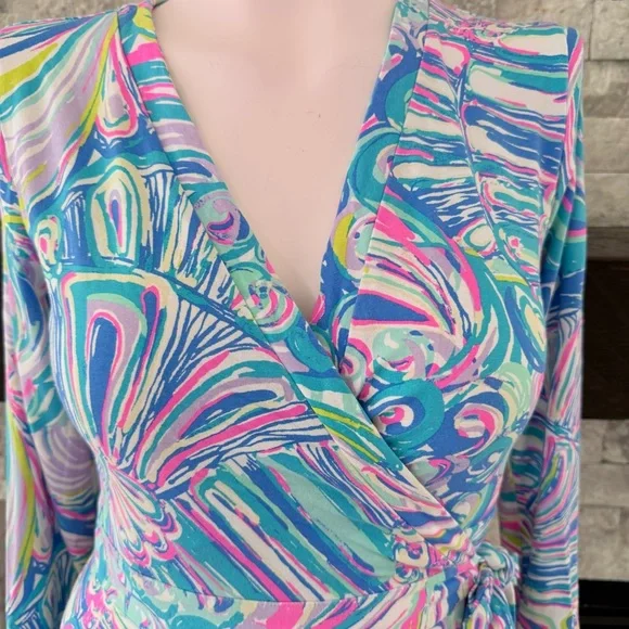 Lilly Pulitzer Mini Wrap Dress Blue Pink Green Print Jersey Tie Waist Size S - Picture 2 of 9